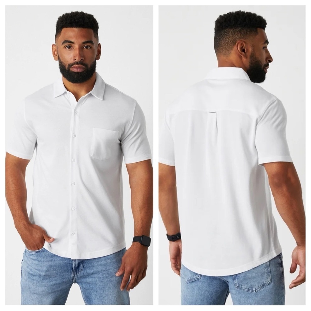 Fabletics Men's L The Dash Short Sleeve Button Up Polo Shirt Classic White Golf